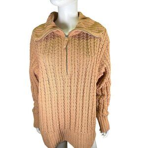 Aerie Womens Cable Car Quarter Zip Side Slit Sweater Size M Fall Boho Camel EUC